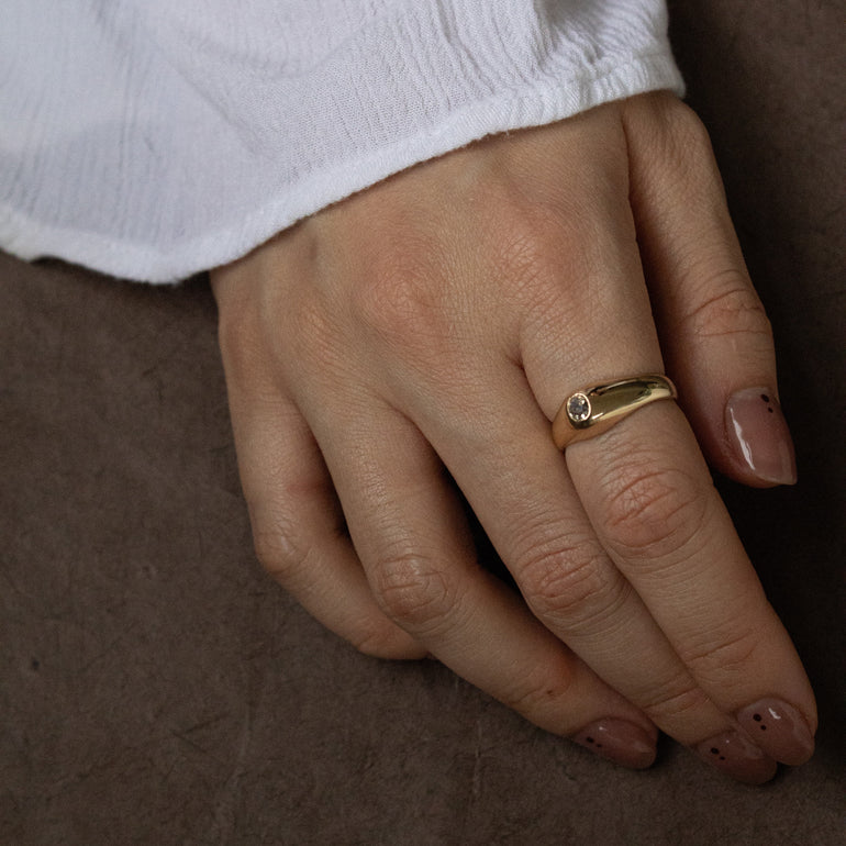 Hand wearing a gold ring on a brown background
