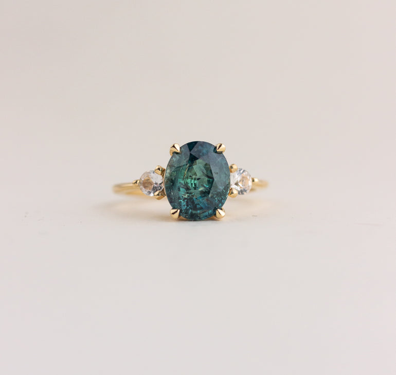 Three Stone Teal Sapphire Engagement Ring 