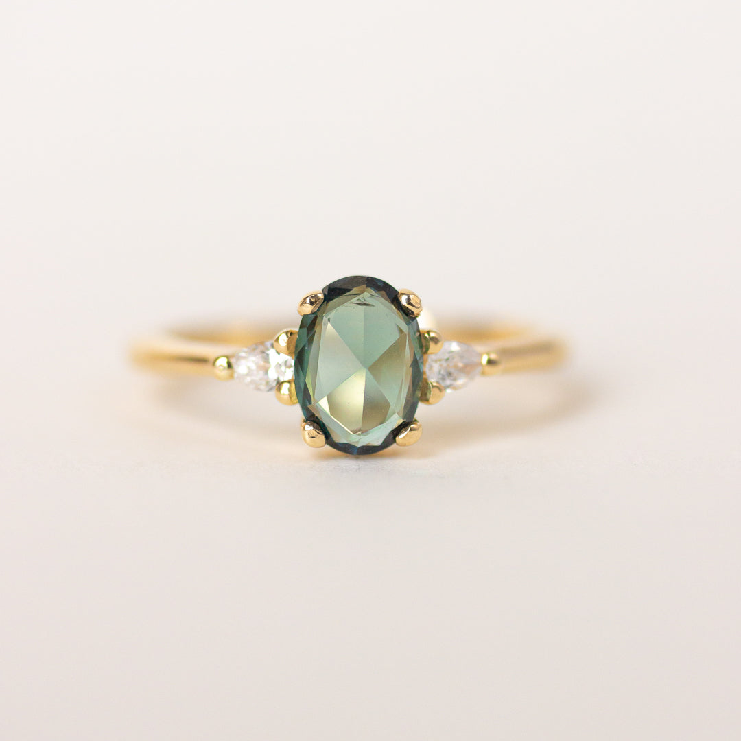 Green Sapphire Engagement Ring with 14k yellow gold band