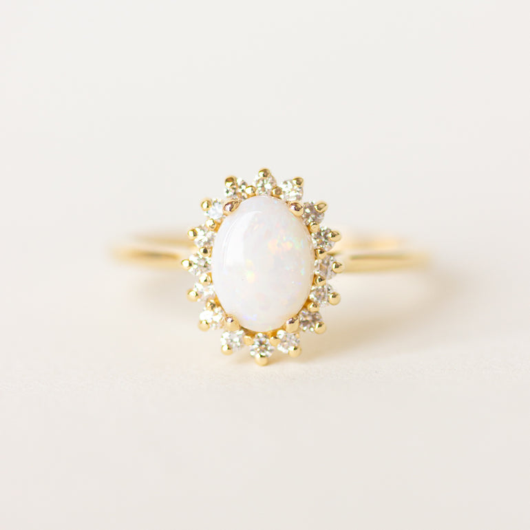 Opal Halo Engagement Ring with 14k Yellow Gold Band