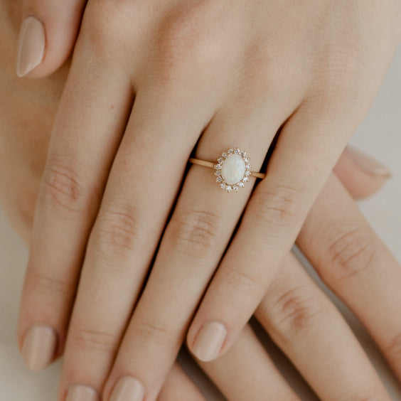 Floral Diamond Opal Halo Engagement