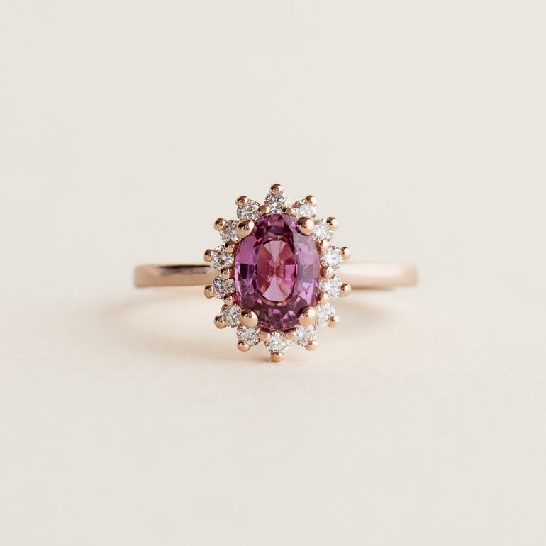 Pink Oval Sapphire Halo Engagement Ring