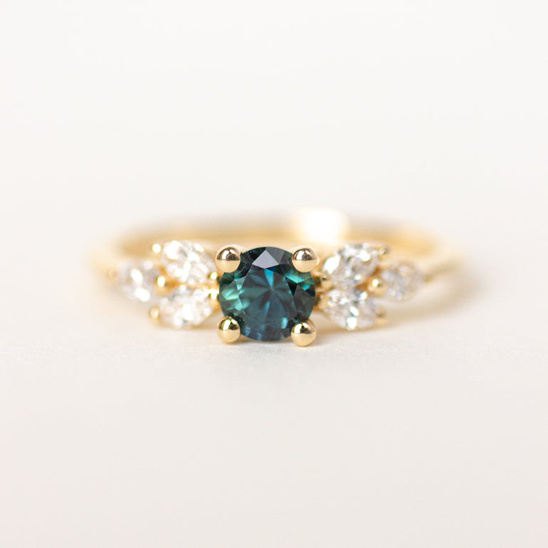 Round Teal Sapphire Engagement Ring Marquise Side Stones