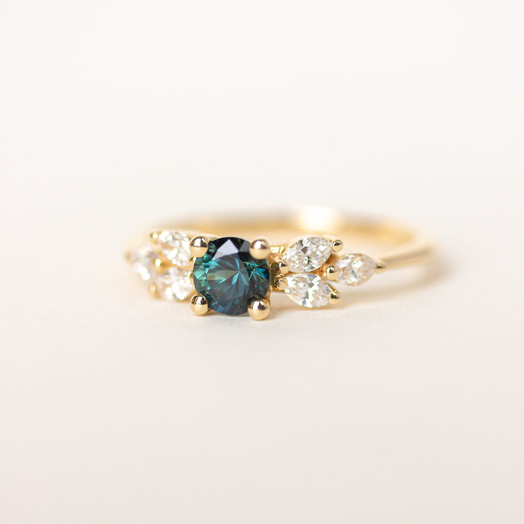 Round Teal Sapphire Engagement Ring Marquise Side Stones