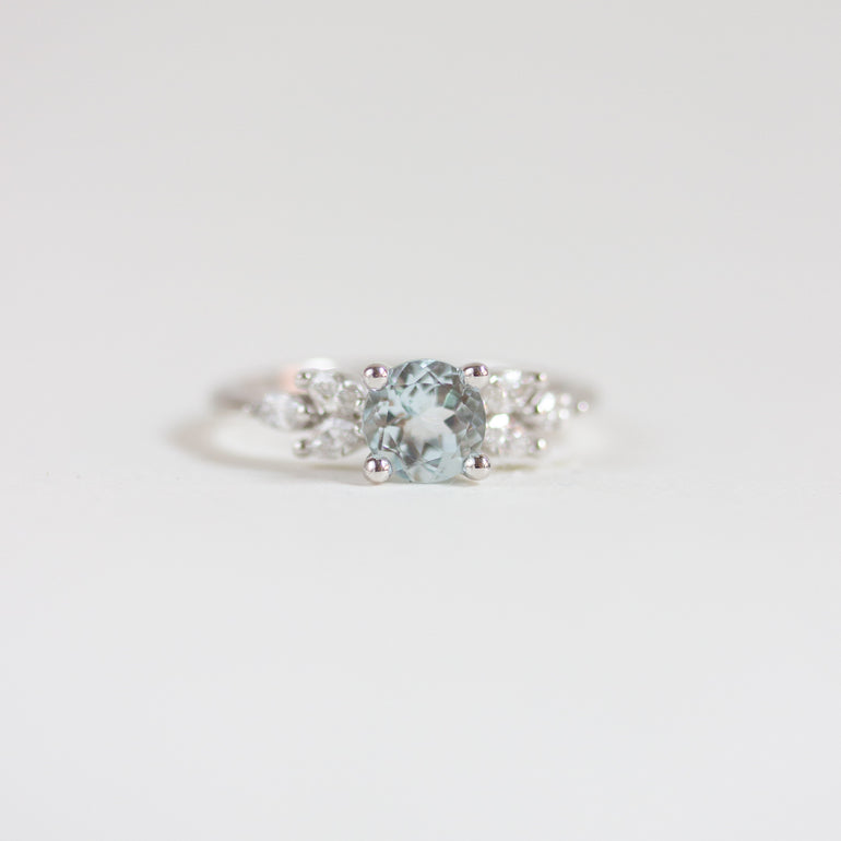 Round Light Teal Sapphire Engagement Ring Marquise Side Stones