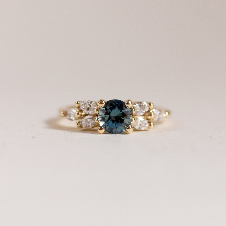 Round Teal Sapphire Engagement Ring Marquise Side Stones