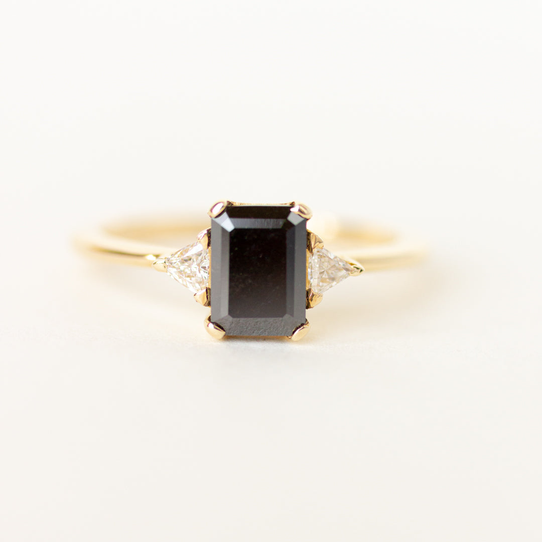 Step Cut Black Diamond Three Stone Engagement Ring