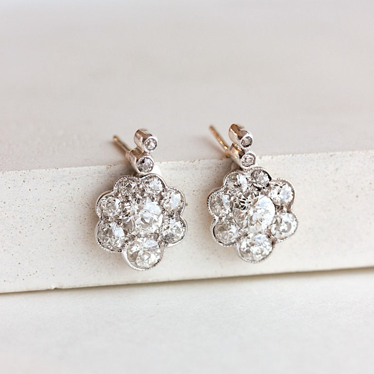 vintage white gold floral diamond studs