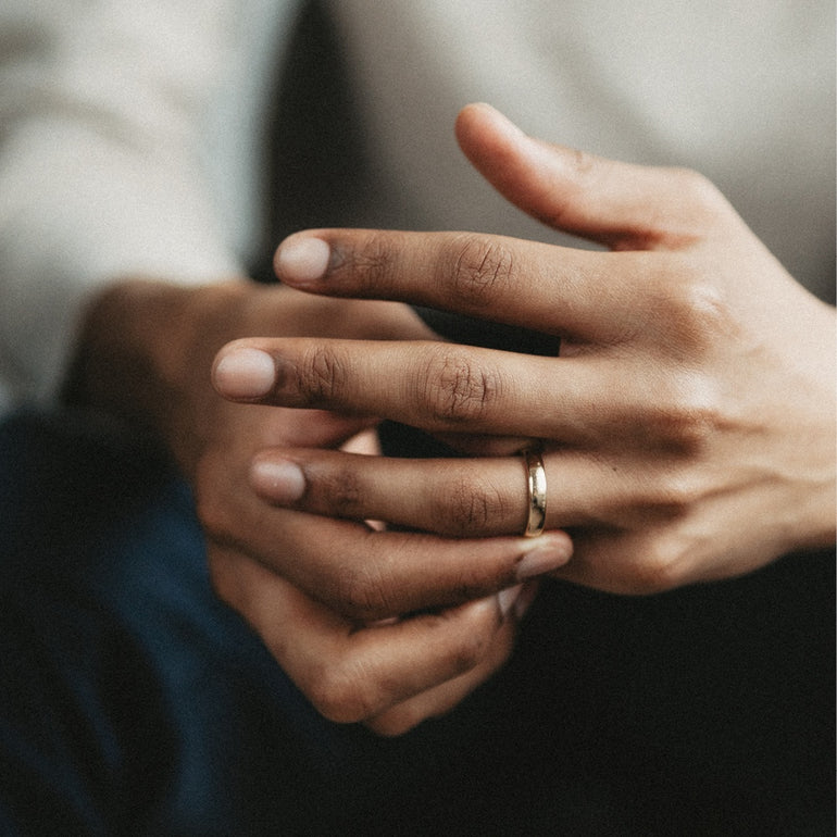 half round wedding band on mens hand